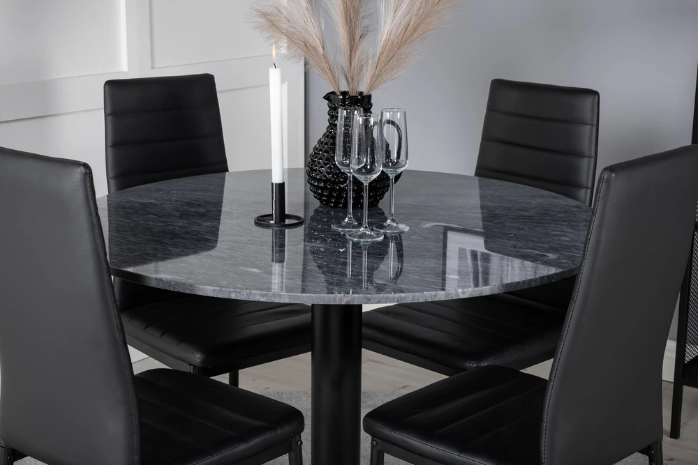 Venture Design Valgomasis stalas, Estelle apvalus, ø106 A75 cm, Juodas / Valgomasis kėdė, Plonas aukštas atlošas, 48x98x42 cm, Juodas