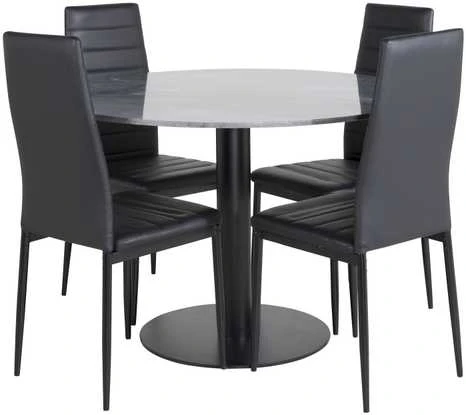 Venture Design Valgomasis stalas, Estelle apvalus, ø106 A75 cm, Juodas / Valgomasis kėdė, Plonas aukštas atlošas, 48x98x42 cm, Juodas