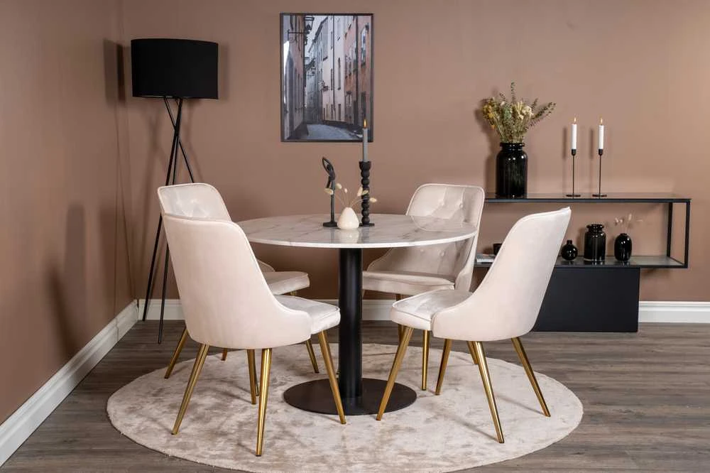 Venture Design Valgomasis stalas, Estelle, ø106xA75 cm, Juoda/Balta Marmuras, Valgomasis kėdė, Velvet Deluxe, 66x88.5x50 cm, kreminė.