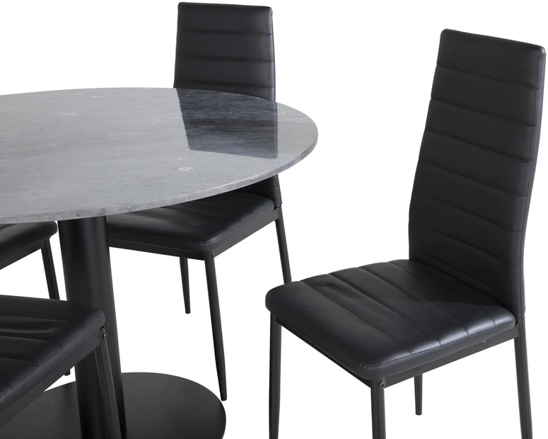 Venture Design Valgomasis stalas, Estelle apvalus, ø106 A75 cm, Juodas / Valgomasis kėdė, Plonas aukštas atlošas, 48x98x42 cm, Juodas