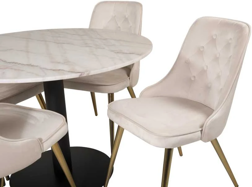 Venture Design Valgomasis stalas, Estelle, ø106xA75 cm, Juoda/Balta Marmuras, Valgomasis kėdė, Velvet Deluxe, 66x88.5x50 cm, kreminė.