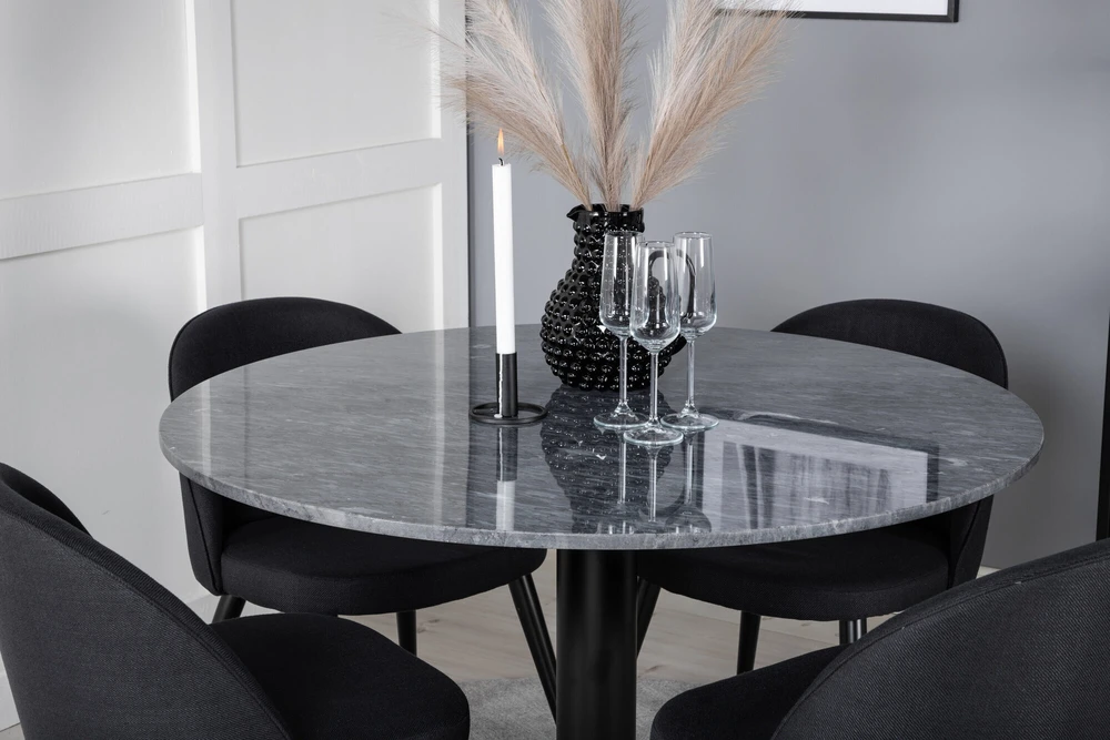 Venture Design Valgomasis stalas, Estelle, ø106x75 cm, Juodas / Velvet valgomasis kėdė, 57x76.5x50 cm, Juoda