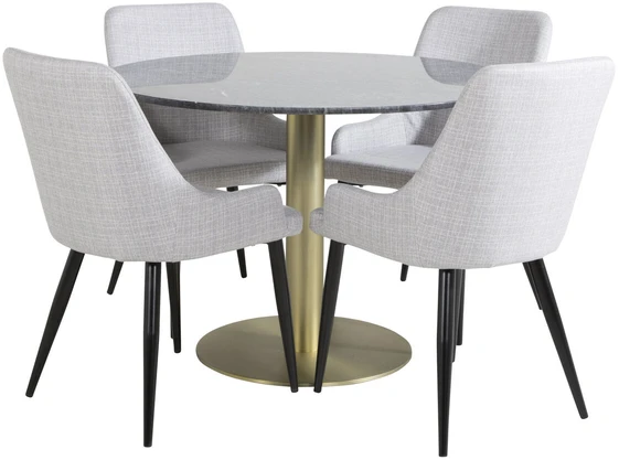 Venture Design Valgomasis stalas, Estelle apvalus, ø106xA75 cm, Juodas / Valgomasis kėdė, Plaza, 58x86x49 cm, Šviesiai pilka