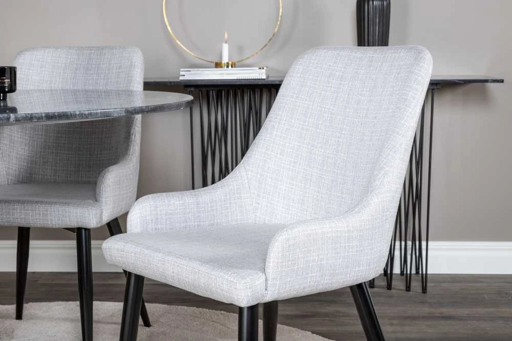 Venture Design Valgomasis stalas, Estelle apvalus, ø106xA75 cm, Juodas / Valgomasis kėdė, Plaza, 58x86x49 cm, Šviesiai pilka