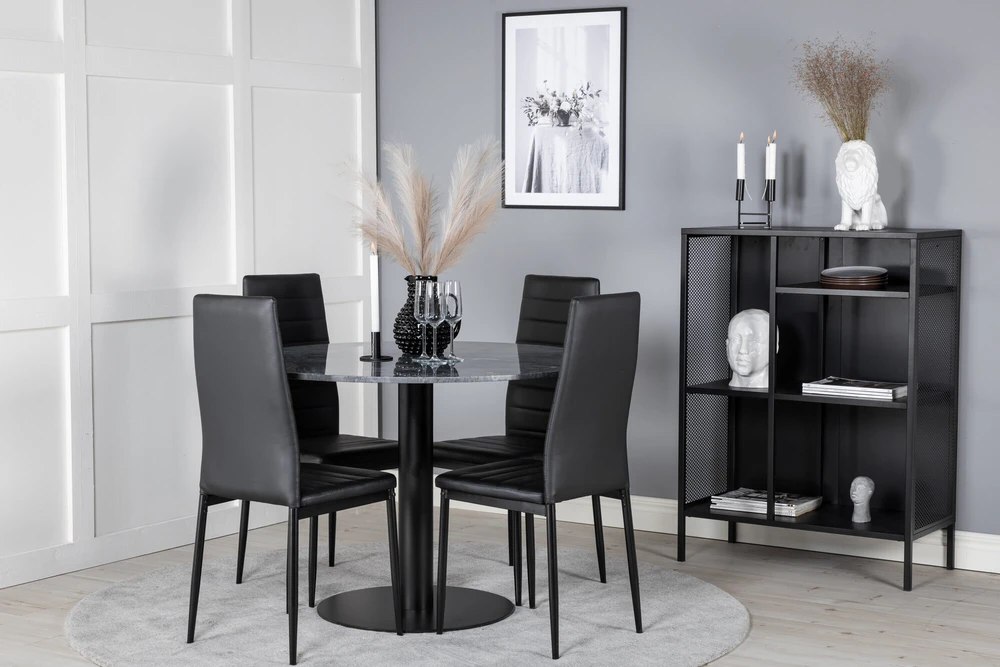 Venture Design Valgomasis stalas, Estelle apvalus, ø106 A75 cm, Juodas / Valgomasis kėdė, Plonas aukštas atlošas, 48x98x42 cm, Juodas