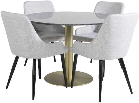 Venture Design Valgomasis stalas, Estelle apvalus, ø106xA75 cm, Juodas / Valgomasis kėdė, Plaza, 58x86x49 cm, Šviesiai pilka