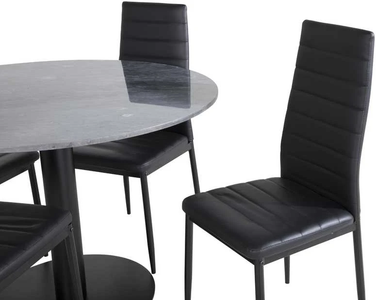 Venture Design Valgomasis stalas, Estelle apvalus, ø106 A75 cm, Juodas / Valgomasis kėdė, Plonas aukštas atlošas, 48x98x42 cm, Juodas