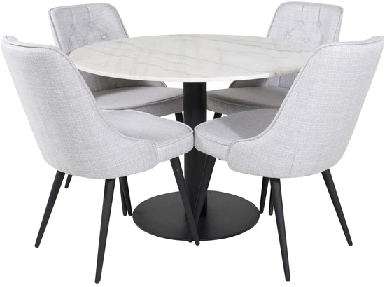 Venture Design Valgomasis stalas, Estelle, ø106x75 cm, Balta / Valgomasis kėdė, Velvet Deluxe, 66x88.5x50 cm, Šviesiai pilka
