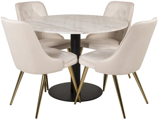 Venture Design Valgomasis stalas, Estelle, ø106xA75 cm, Juoda/Balta Marmuras, Valgomasis kėdė, Velvet Deluxe, 66x88.5x50 cm, Bėžinės.