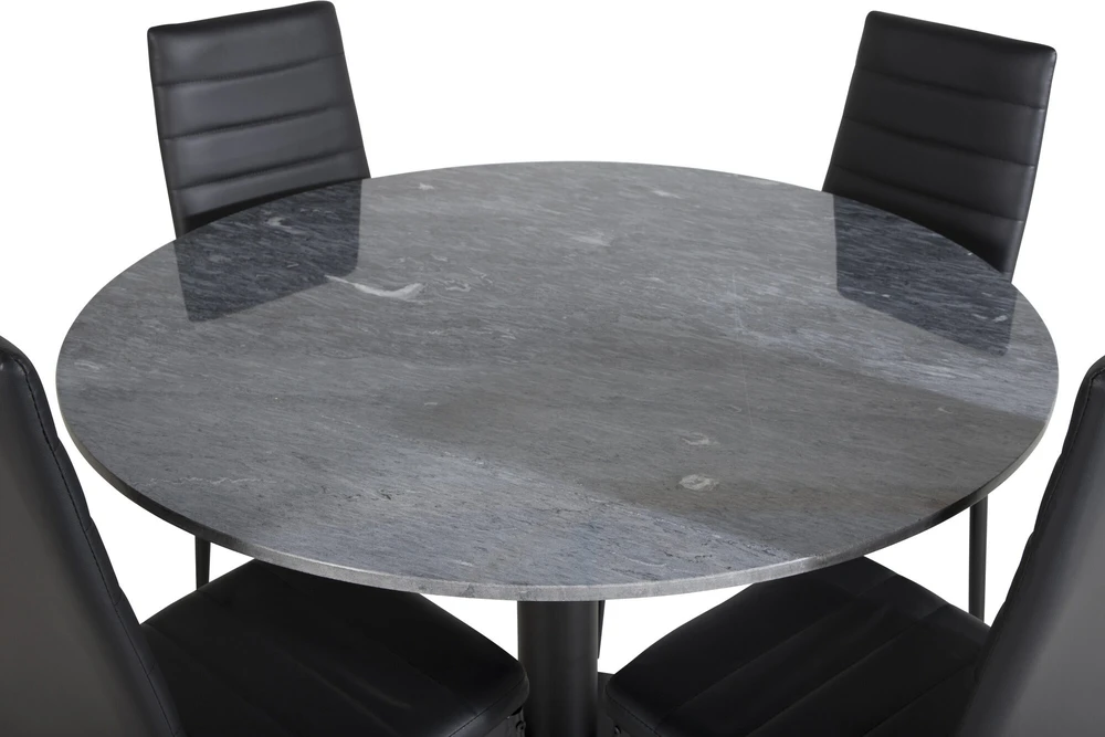 Venture Design Valgomasis stalas, Estelle apvalus, ø106 A75 cm, Juodas / Valgomasis kėdė, Plonas aukštas atlošas, 48x98x42 cm, Juodas