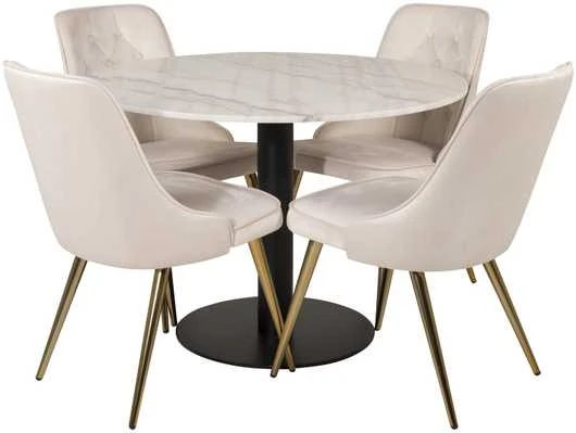Venture Design Valgomasis stalas, Estelle, ø106xA75 cm, Juoda/Balta Marmuras, Valgomasis kėdė, Velvet Deluxe, 66x88.5x50 cm, kreminė.