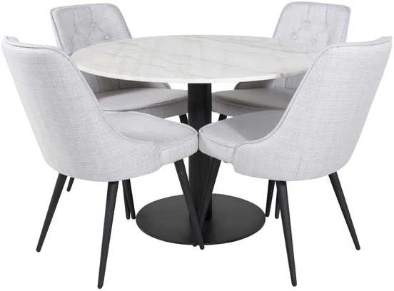 Venture Design Valgomasis stalas, Estelle, ø106x75 cm, Balta / Valgomasis kėdė, Velvet Deluxe, 66x88.5x50 cm, Šviesiai pilka