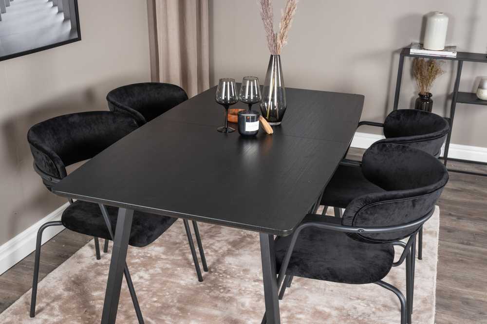 Venture Design Valgomasis stalas, Inca išplėtimo stalas, 75x160x85 cm, Juodas + Valgomasis kėdė, Arrow su rankenėlėmis, 61x79x58 cm, Juoda