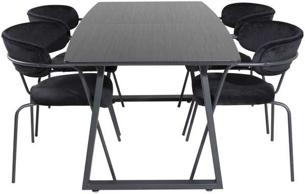 Venture Design Valgomasis stalas, Inca išplėtimo stalas, 75x160x85 cm, Juodas + Valgomasis kėdė, Arrow su rankenėlėmis, 61x79x58 cm, Juoda