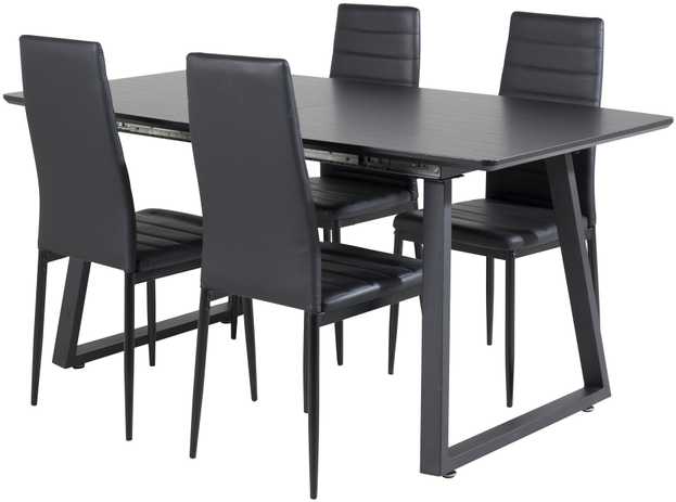 Venture Design Valgomasis stalas, Inca ištempiamas stalas, 75x160x85 cm, Juodas + Valgomasis kėdė, Plonas aukštas atlošas, 48x98x42 cm, Juoda