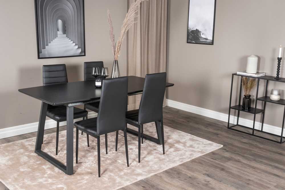 Venture Design Valgomasis stalas, Inca ištempiamas stalas, 75x160x85 cm, Juodas + Valgomasis kėdė, Plonas aukštas atlošas, 48x98x42 cm, Juoda