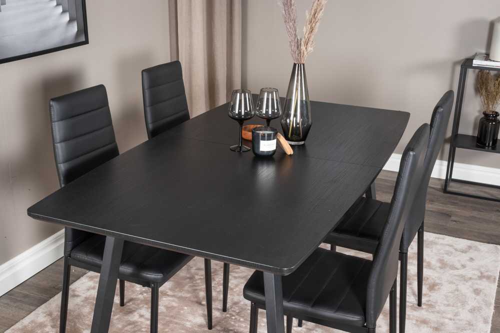 Venture Design Valgomasis stalas, Inca ištempiamas stalas, 75x160x85 cm, Juodas + Valgomasis kėdė, Plonas aukštas atlošas, 48x98x42 cm, Juoda