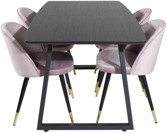 Venture Design Valgomasis stalas, Inca pratęsimas, 75x160x85 cm, juodas + Veltinė valgomasis kėdė, Laitas, 57x76.5x50 cm, rožinė