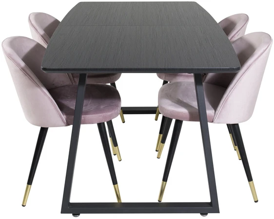 Venture Design Valgomasis stalas, Inca pratęsimas, 75x160x85 cm, juodas + Veltinė valgomasis kėdė, Laitas, 57x76.5x50 cm, rožinė