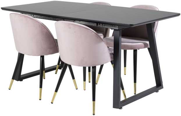 Venture Design Valgomasis stalas, Inca pratęsimas, 75x160x85 cm, juodas + Veltinė valgomasis kėdė, Laitas, 57x76.5x50 cm, rožinė