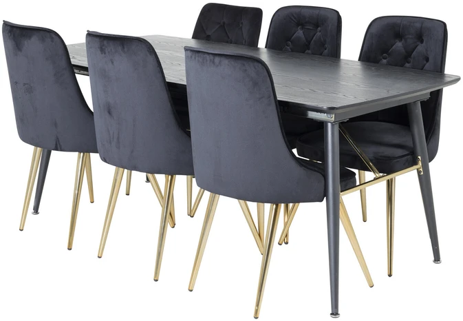 Venture Design Valgomasis stalas ir kėdės komplektas, auksinė plėtinimo galimybė ir veltinio prabanga, 180x85 cm ir 88.5x50 cm, juoda