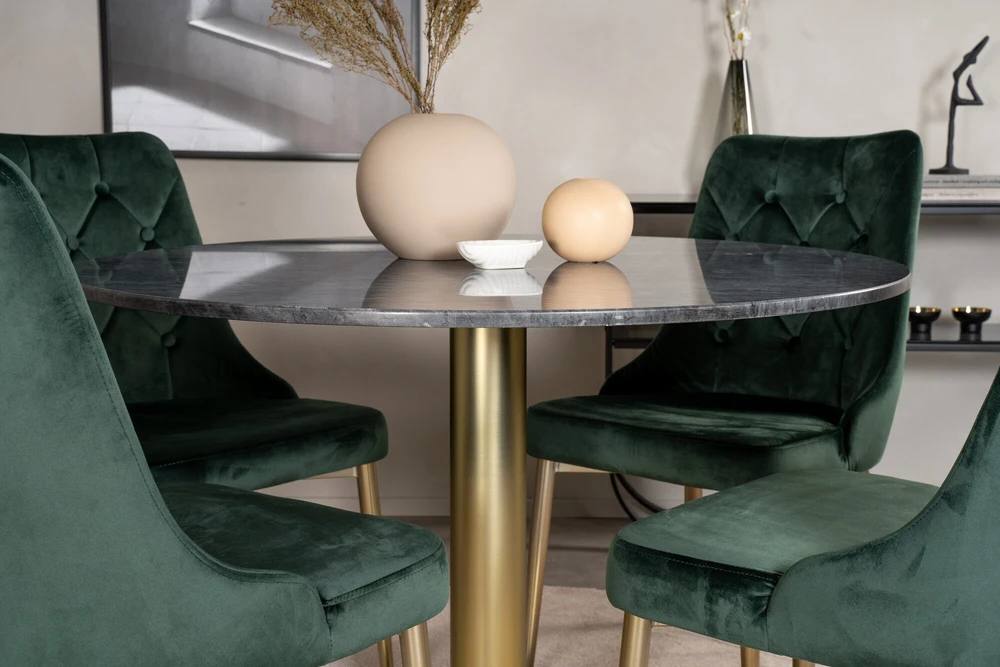 Venture Design Valgomasis stalas ir kėdės rinkinys, Estelle ir aksominis, ø106xA75 cm ir 66x88.5x50 cm, juoda ir žalia