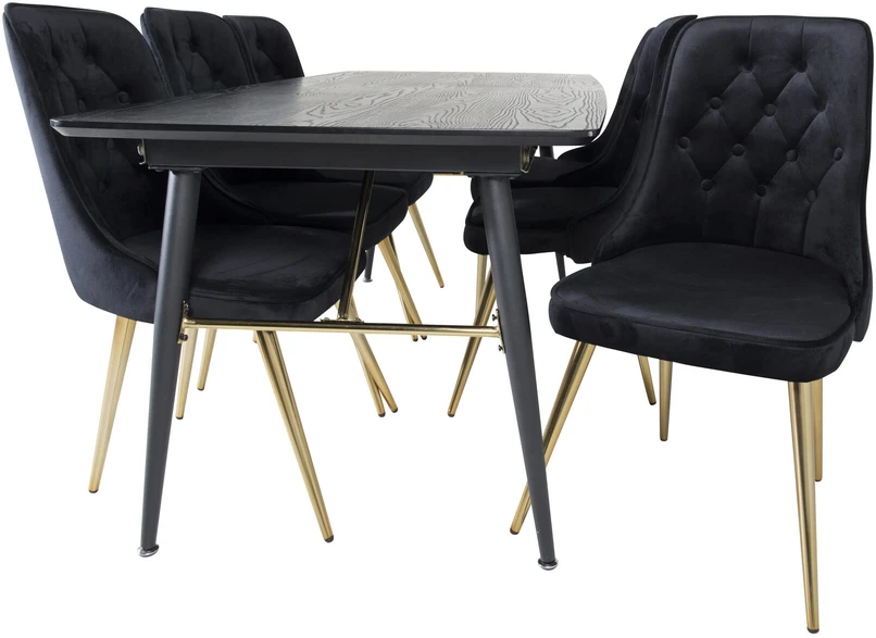 Venture Design Valgomasis stalas ir kėdės komplektas, auksinė plėtinimo galimybė ir veltinio prabanga, 180x85 cm ir 88.5x50 cm, juoda
