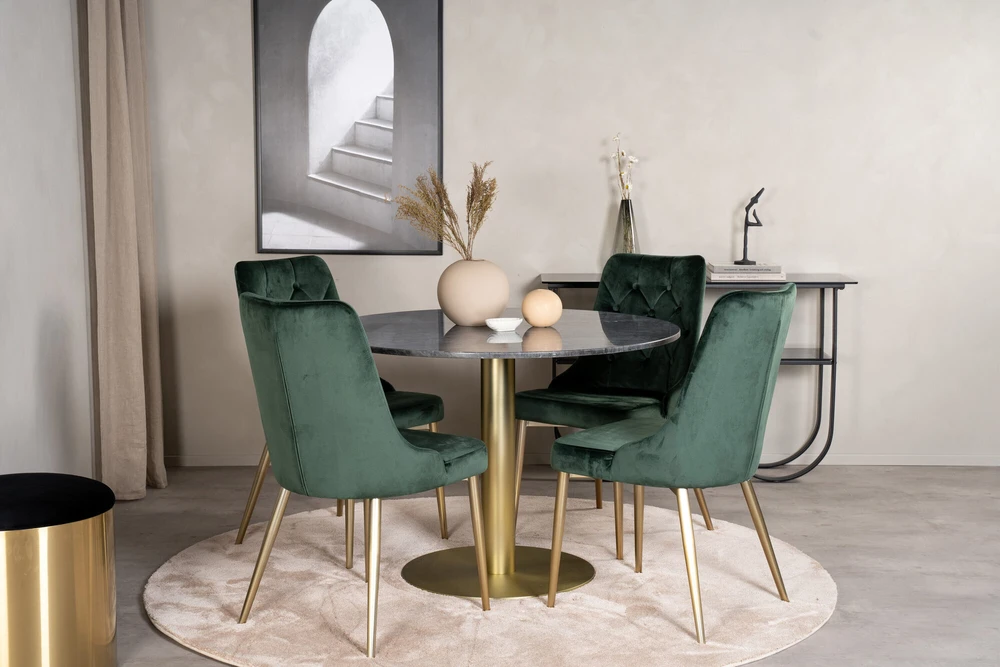 Venture Design Valgomasis stalas ir kėdės rinkinys, Estelle ir aksominis, ø106xA75 cm ir 66x88.5x50 cm, juoda ir žalia