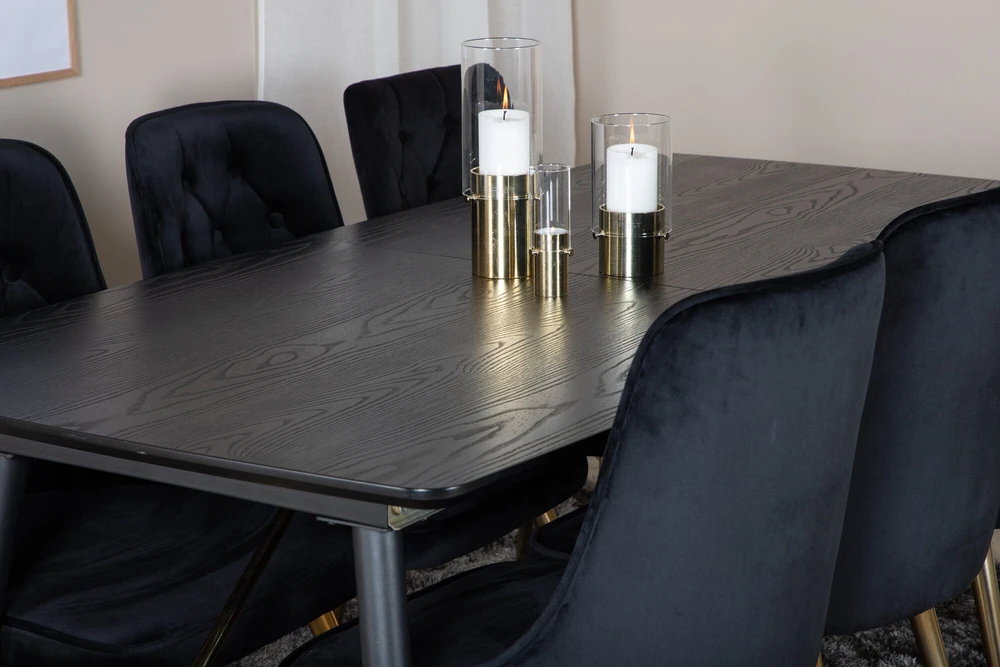 Venture Design Valgomasis stalas ir kėdės komplektas, auksinė plėtinimo galimybė ir veltinio prabanga, 180x85 cm ir 88.5x50 cm, juoda