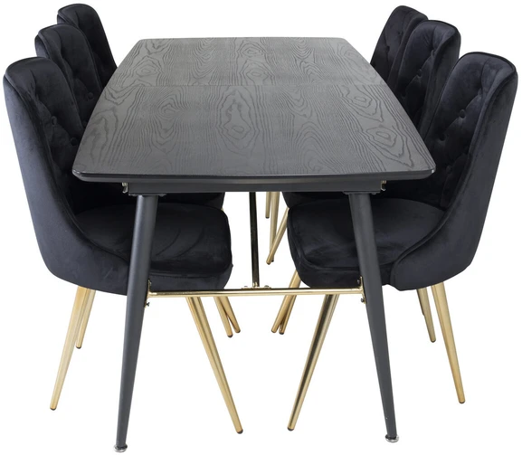Venture Design Valgomasis stalas ir kėdės komplektas, auksinė plėtinimo galimybė ir veltinio prabanga, 180x85 cm ir 88.5x50 cm, juoda