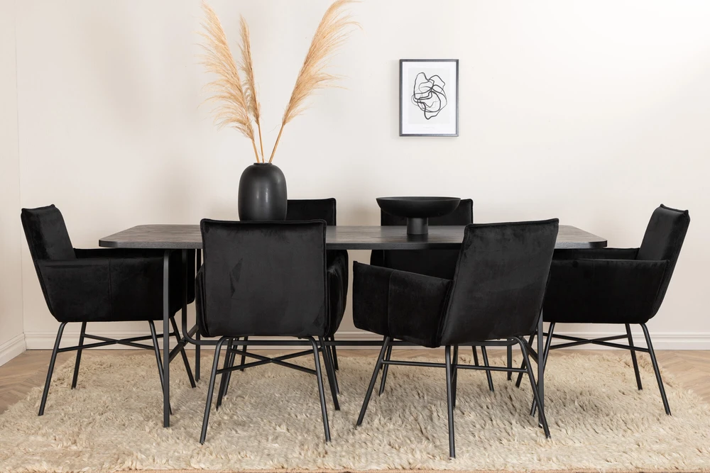 Venture Design Valgomasis stalas ir kėdės komplektas, Uno ir Petra, Stalas: 200x90x74 cm Kėdė: 60x87x57 cm, Juoda
