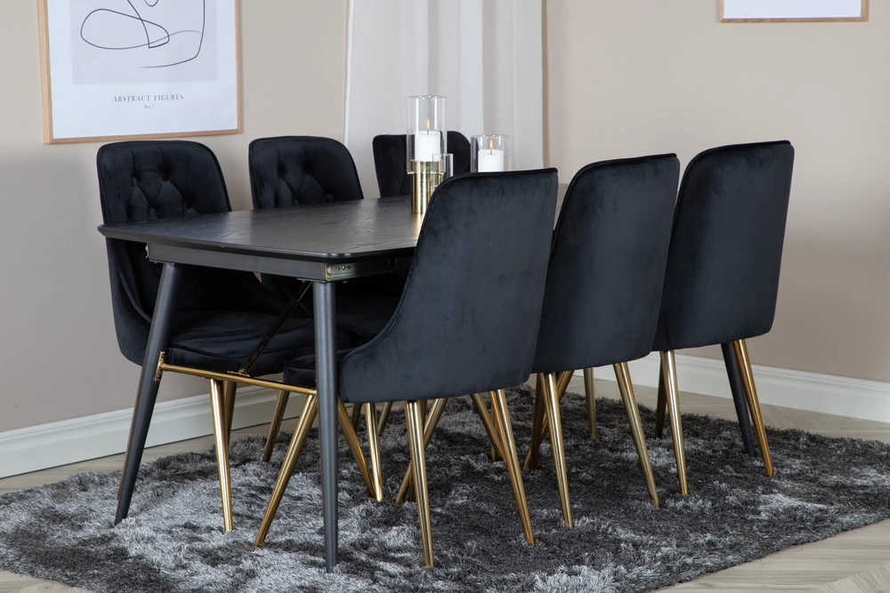 Venture Design Valgomasis stalas ir kėdės komplektas, auksinė plėtinimo galimybė ir veltinio prabanga, 180x85 cm ir 88.5x50 cm, juoda