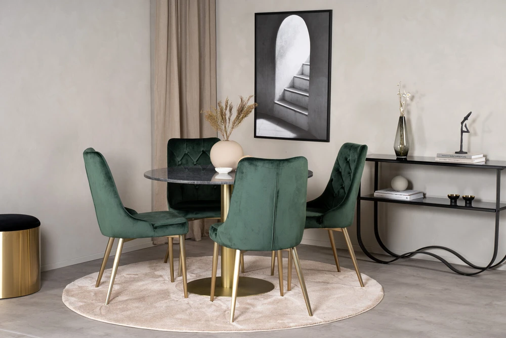 Venture Design Valgomasis stalas ir kėdės rinkinys, Estelle ir aksominis, ø106xA75 cm ir 66x88.5x50 cm, juoda ir žalia