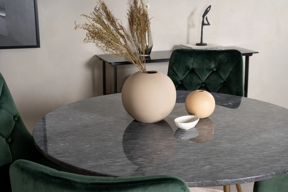 Venture Design Valgomasis stalas ir kėdės rinkinys, Estelle ir aksominis, ø106xA75 cm ir 66x88.5x50 cm, juoda ir žalia