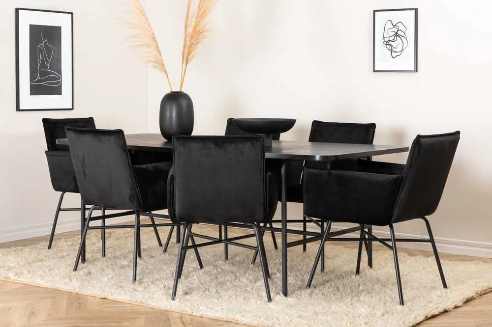 Venture Design Valgomasis stalas ir kėdės komplektas, Uno ir Petra, Stalas: 200x90x74 cm Kėdė: 60x87x57 cm, Juoda