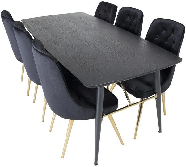 Venture Design Valgomasis stalas ir kėdės komplektas, auksinė plėtinimo galimybė ir veltinio prabanga, 180x85 cm ir 88.5x50 cm, juoda