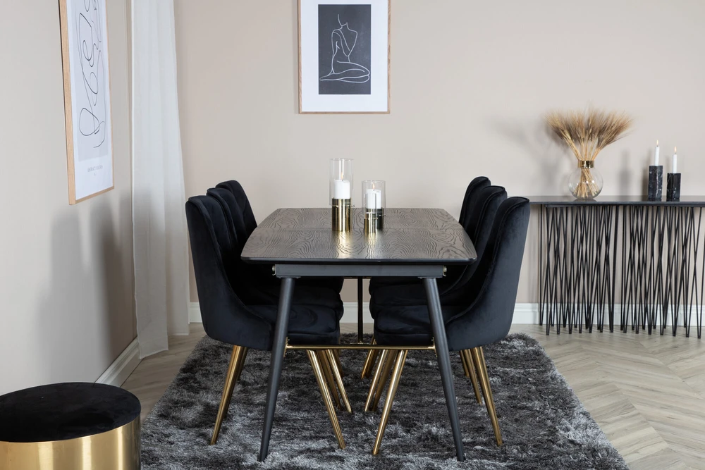 Venture Design Valgomasis stalas ir kėdės komplektas, auksinė plėtinimo galimybė ir veltinio prabanga, 180x85 cm ir 88.5x50 cm, juoda