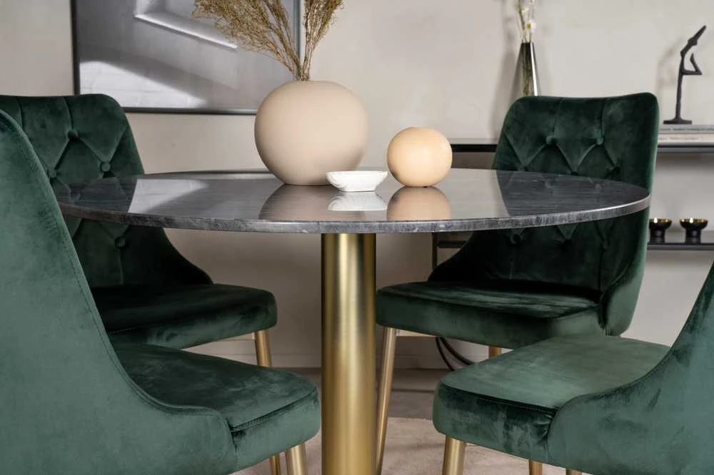 Venture Design Valgomasis stalas ir kėdės rinkinys, Estelle ir aksominis, ø106xA75 cm ir 66x88.5x50 cm, juoda ir žalia