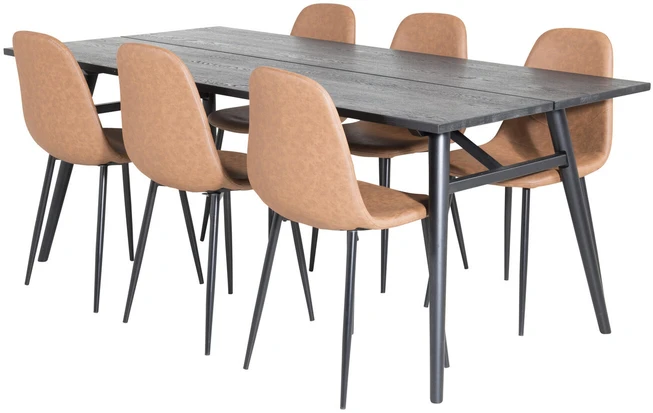 Venture Design Valgomasis stalas ir kėdžių komplektas, Stilingas ištraukiamas stalas ir Polar, 75x195x95 cm ir 53x87x44 cm, Juodas ir Ruda
