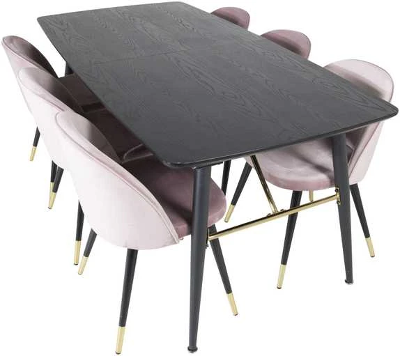 Venture Design Valgomasis stalas ir kėdžių komplektas, aukso išplėtimas ir aksomas, 180x85x76 cm, juoda ir rožinė