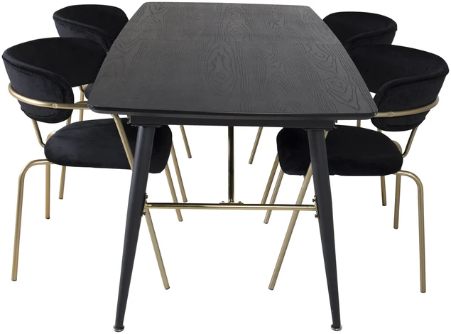 Venture Design Valgomasis stalas ir kėdžių komplektas, auksinis išplėtimas ir rodyklė, stalas: 180x85x76 cm, kėdė: 79x58x61 cm, juoda