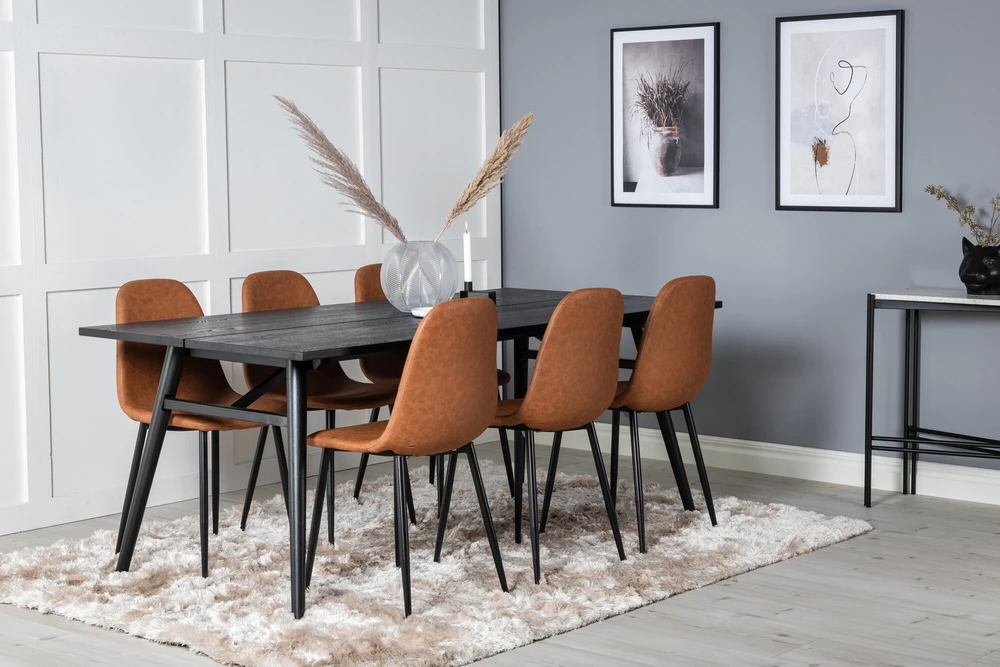 Venture Design Valgomasis stalas ir kėdžių komplektas, Stilingas ištraukiamas stalas ir Polar, 75x195x95 cm ir 53x87x44 cm, Juodas ir Ruda