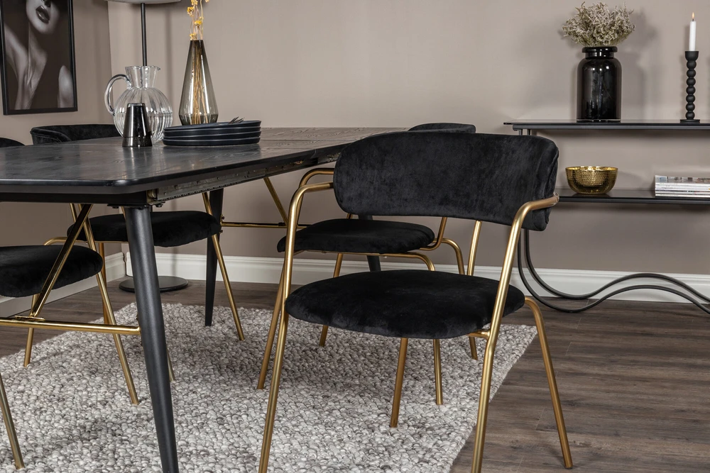 Venture Design Valgomasis stalas ir kėdžių komplektas, auksinis išplėtimas ir rodyklė, stalas: 180x85x76 cm, kėdė: 79x58x61 cm, juoda