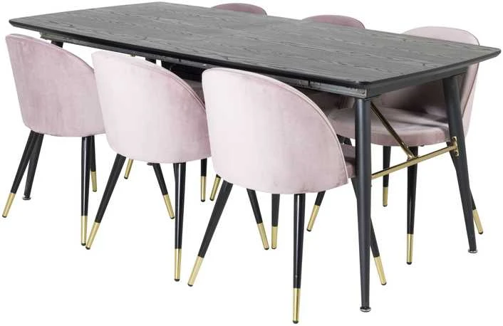 Venture Design Valgomasis stalas ir kėdžių komplektas, aukso išplėtimas ir aksomas, 180x85x76 cm, juoda ir rožinė
