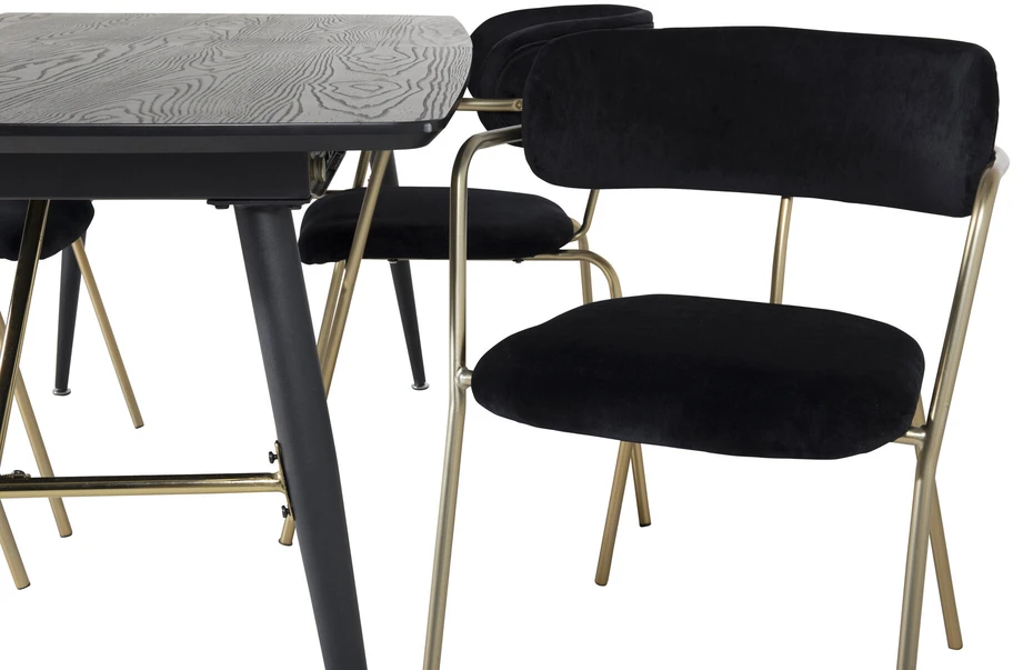 Venture Design Valgomasis stalas ir kėdžių komplektas, auksinis išplėtimas ir rodyklė, stalas: 180x85x76 cm, kėdė: 79x58x61 cm, juoda