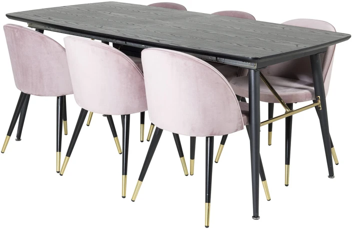 Venture Design Valgomasis stalas ir kėdžių komplektas, aukso išplėtimas ir aksomas, 180x85x76 cm, juoda ir rožinė