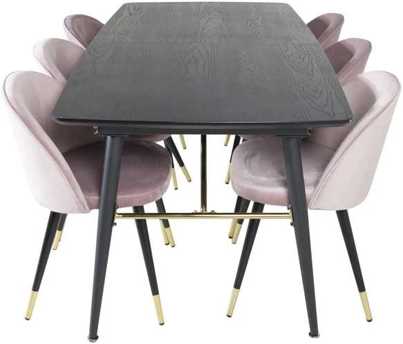 Venture Design Valgomasis stalas ir kėdžių komplektas, aukso išplėtimas ir aksomas, 180x85x76 cm, juoda ir rožinė