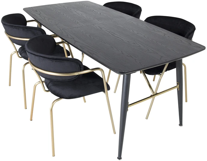 Venture Design Valgomasis stalas ir kėdžių komplektas, auksinis išplėtimas ir rodyklė, stalas: 180x85x76 cm, kėdė: 79x58x61 cm, juoda