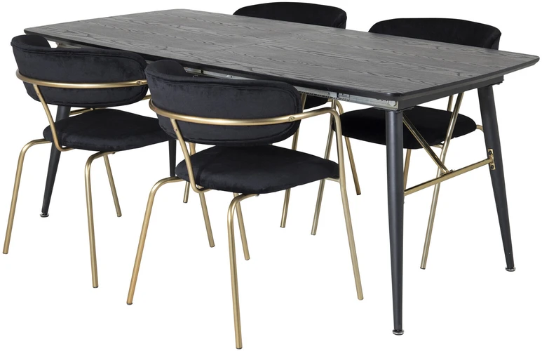 Venture Design Valgomasis stalas ir kėdžių komplektas, auksinis išplėtimas ir rodyklė, stalas: 180x85x76 cm, kėdė: 79x58x61 cm, juoda