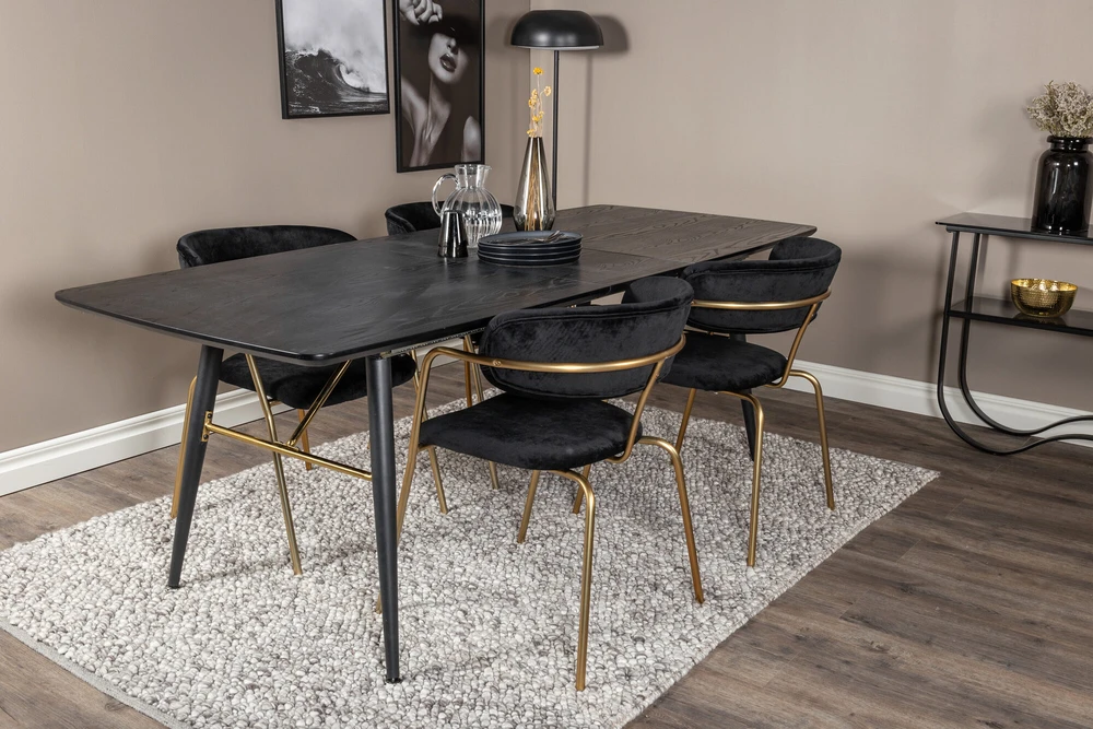 Venture Design Valgomasis stalas ir kėdžių komplektas, auksinis išplėtimas ir rodyklė, stalas: 180x85x76 cm, kėdė: 79x58x61 cm, juoda